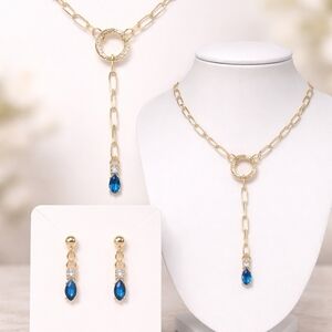 Bridgerton Style 18K Gold Plated Lariat Y Necklace & Earring Set Crystal Drop